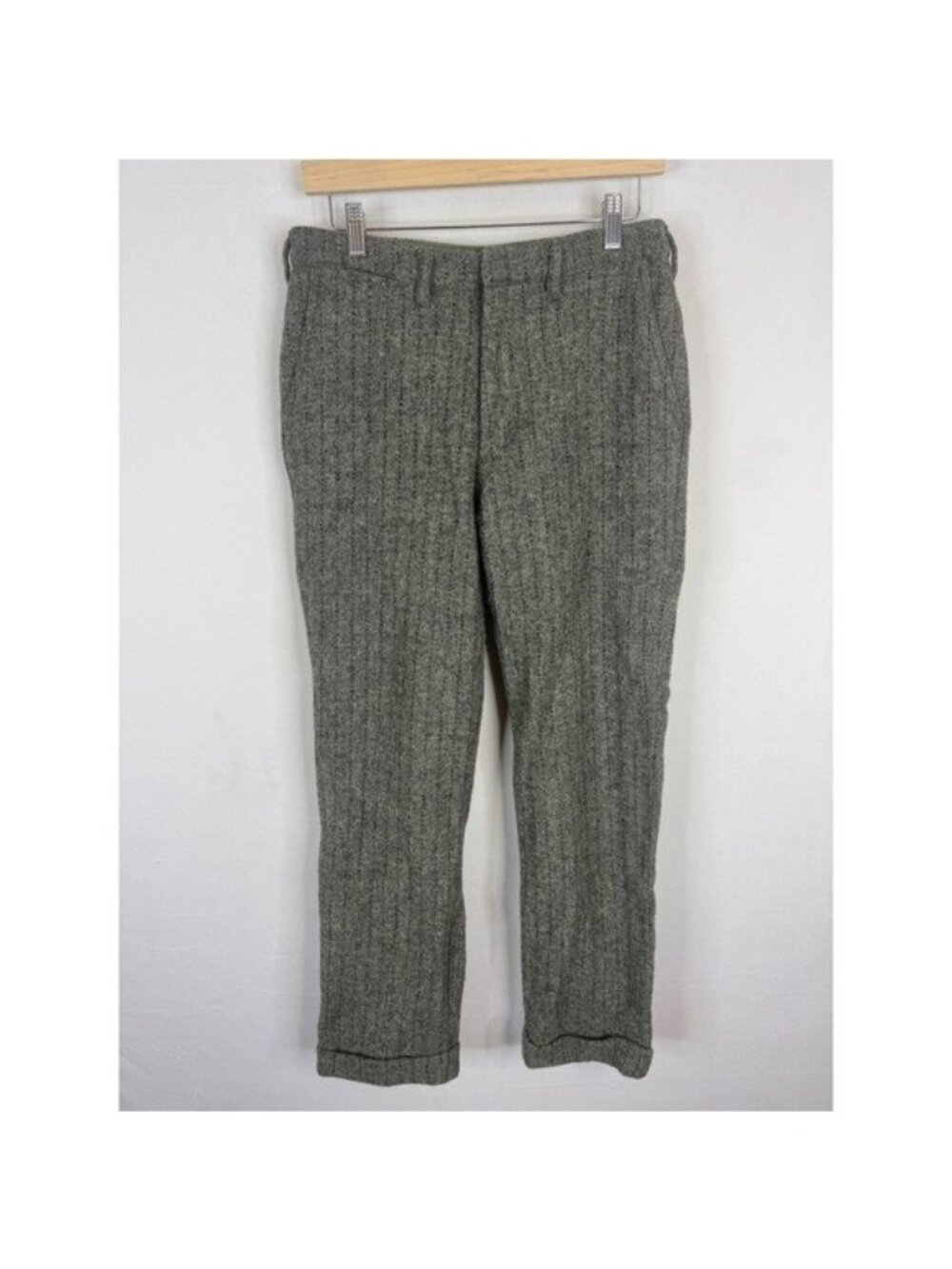 Monitaly Harris Tweed Wool Trousers Grey Herringbone Stripe Made USA Men 30X28